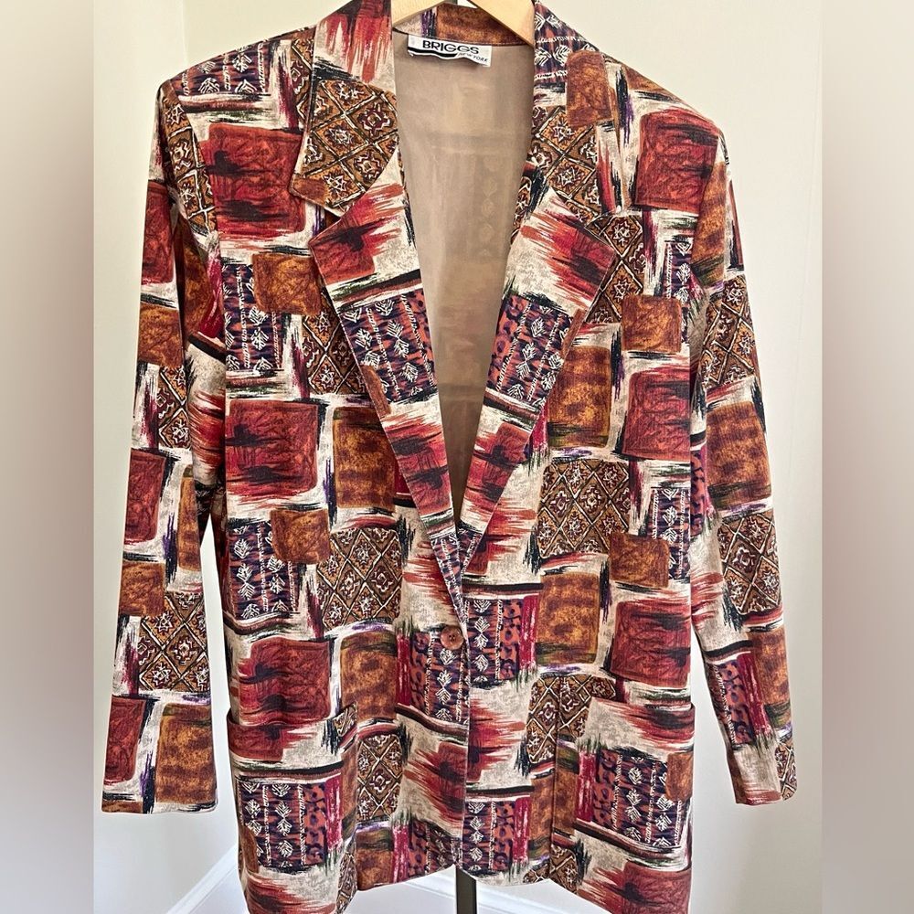 Vintage 80s Abstract Geometric Print Blazer Artsy Boho Jacket Size 8
